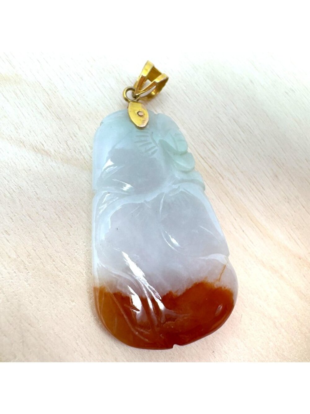 Two-Tone Carved Jade Pendant 14K Gold Bale Peach Motif Long Life Vintage 2"